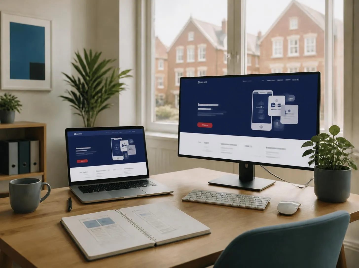 Arbeitsplatz der Agentur mit Laptop und Monitor, auf denen eine Website zu sehen ist