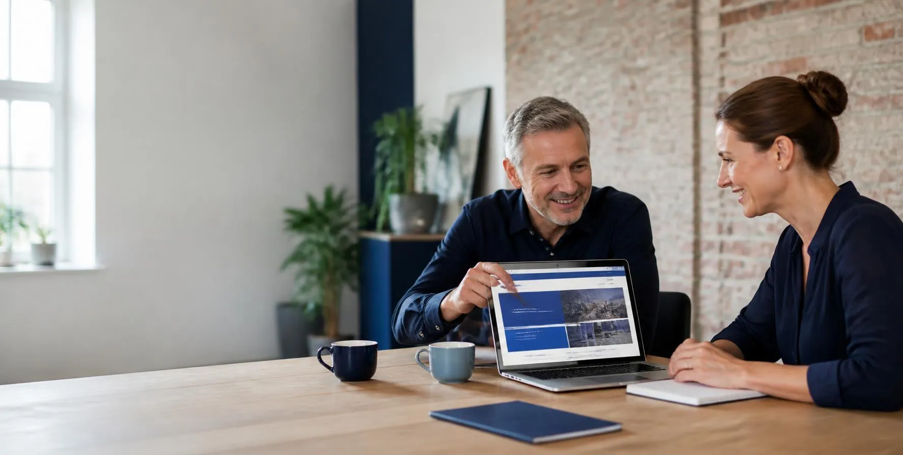 Berater zeigt einer Kundin am Laptop den Entwurf ihrer neuen Website