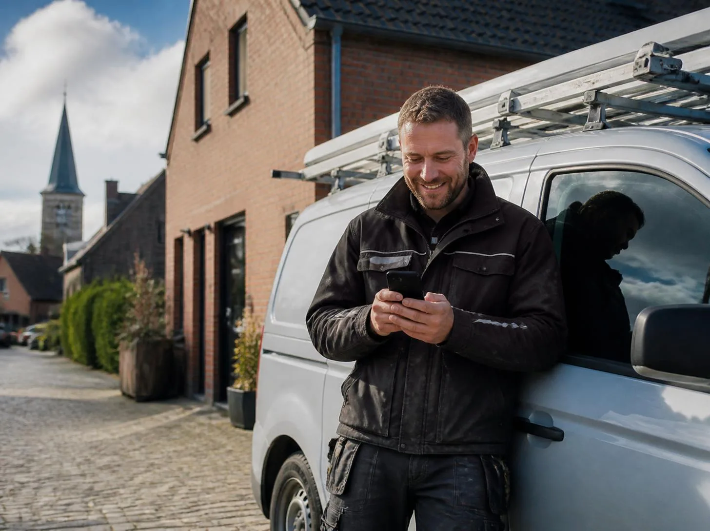 Handwerker vor seinem Firmenwagen prüft neue Anfragen auf dem Smartphone