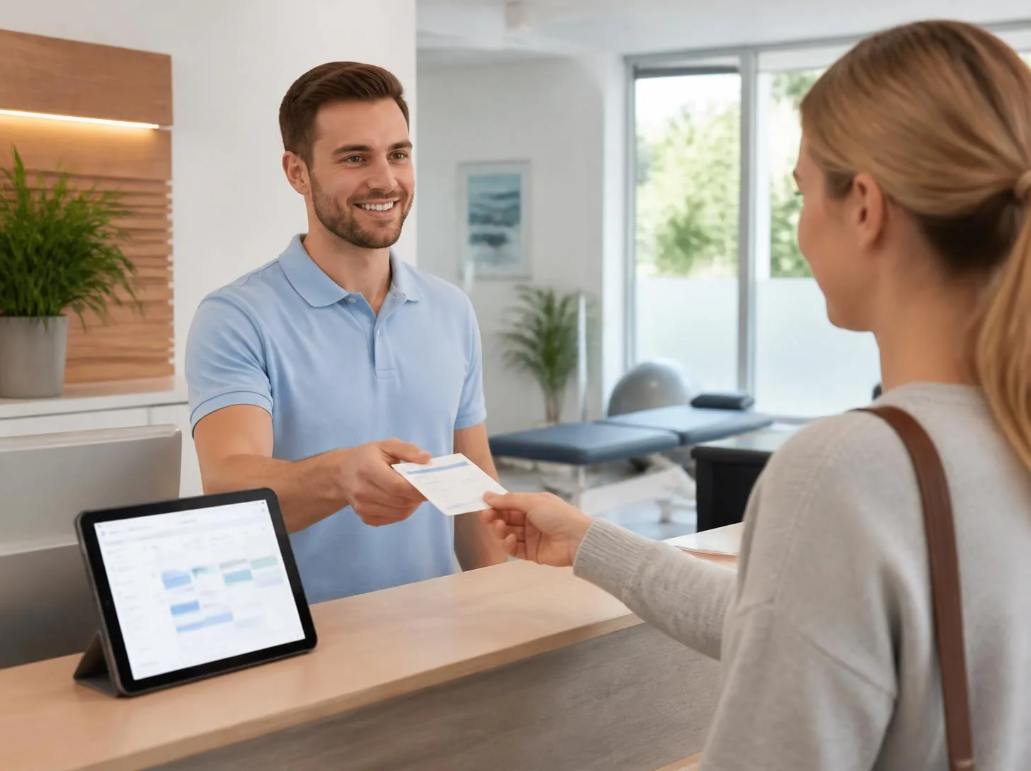 Physiotherapeut am Empfang einer hellen Praxis übergibt einer Patientin eine Terminkarte, daneben ein Tablet mit Online-Terminkalender Physiotherapeut am Empfang einer hellen Praxis übergibt einer Patientin eine Terminkarte, daneben ein Tablet mit Online-Terminkalender
