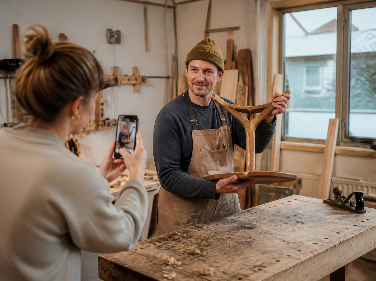 Tischler zeigt in seiner Werkstatt ein fertiges Möbelstück, das für Social Media fotografiert wird Tischler zeigt in seiner Werkstatt ein fertiges Möbelstück, das für Social Media fotografiert wird