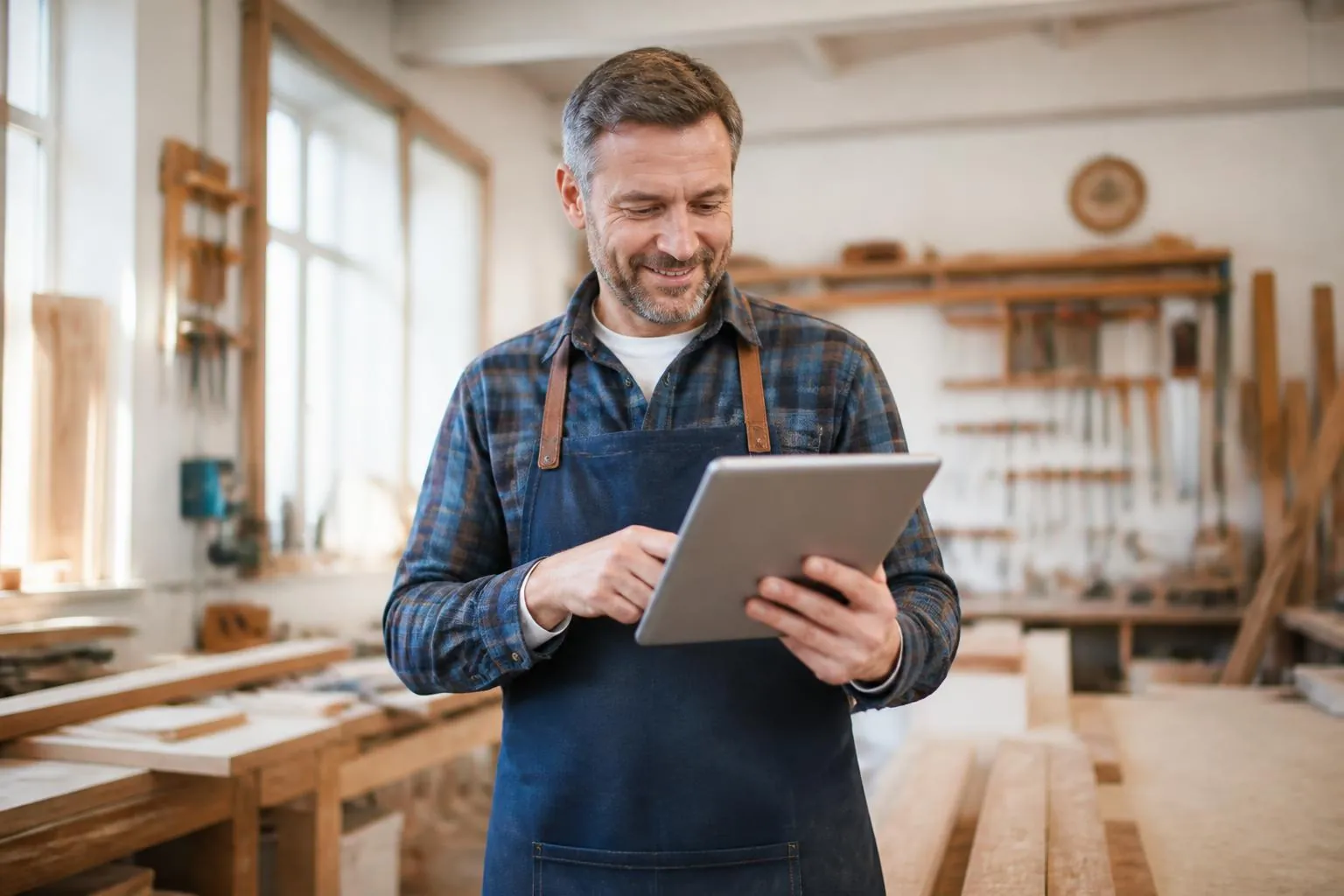 Tischlermeister in seiner Werkstatt prüft auf dem Tablet neue Online-Terminbuchungen