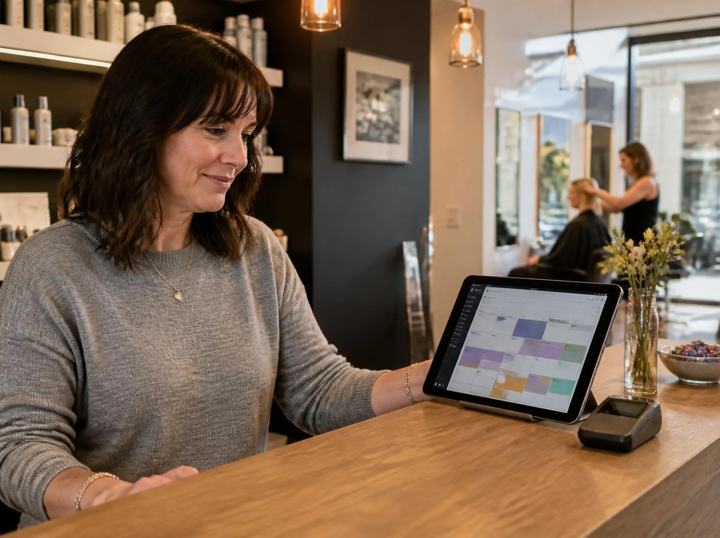 Friseurin am Empfang ihres Salons sieht auf dem Tablet die Online-Terminbuchungen Friseurin am Empfang ihres Salons sieht auf dem Tablet die Online-Terminbuchungen