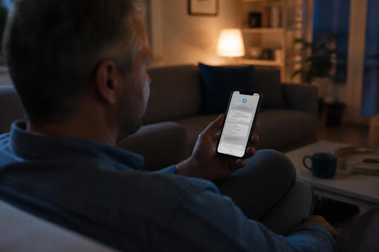 Mann fragt abends auf dem Sofa einen KI-Assistenten auf dem Smartphone nach einem Betrieb in der Nähe Mann fragt abends auf dem Sofa einen KI-Assistenten auf dem Smartphone nach einem Betrieb in der Nähe