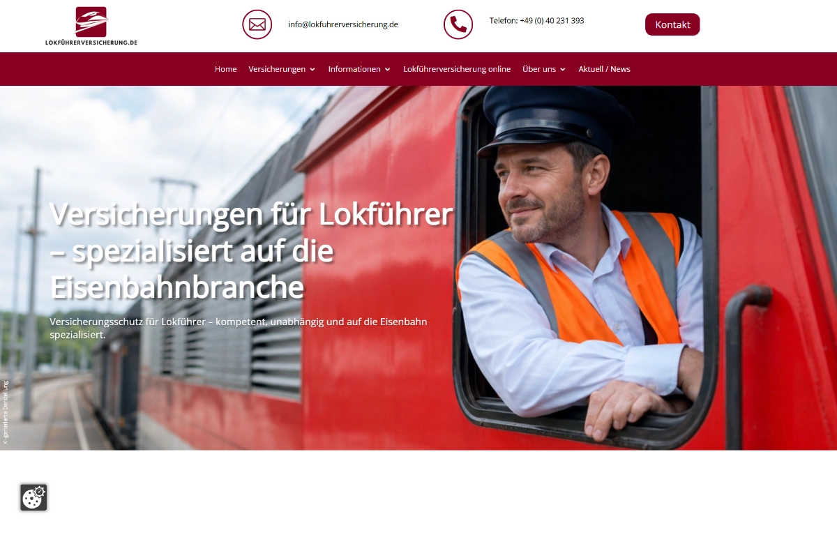 Startseite der Website lokfuehrerversicherung.de der Fritz Rodatz GmbH