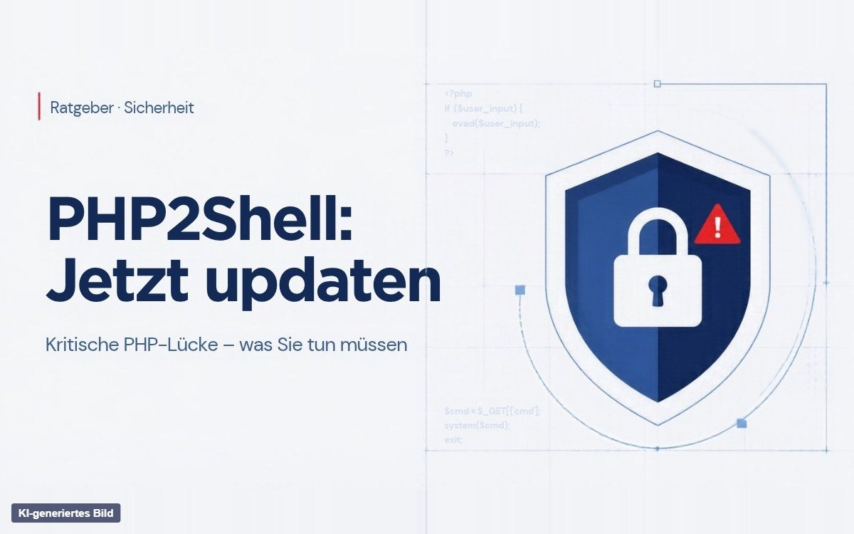 Grafik: Schild mit Schloss und Warnsymbol zur PHP-Sicherheitslücke PHP2Shell