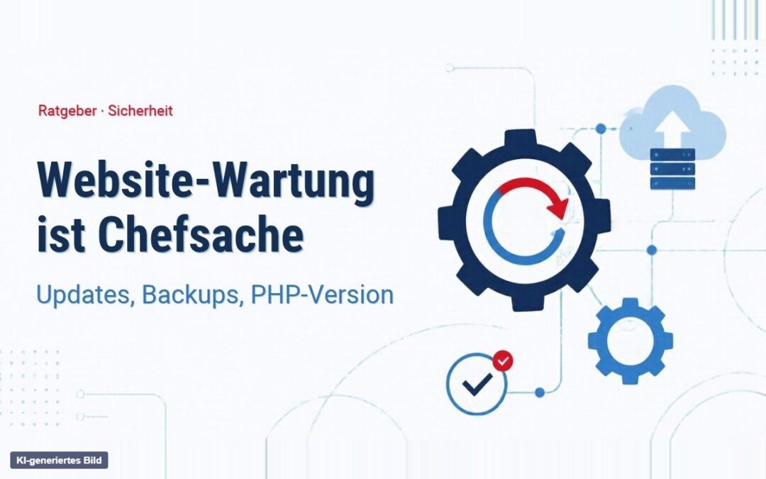 Grafik: Zahnräder, Update-Pfeil und Backup-Symbol zur Website-Wartung