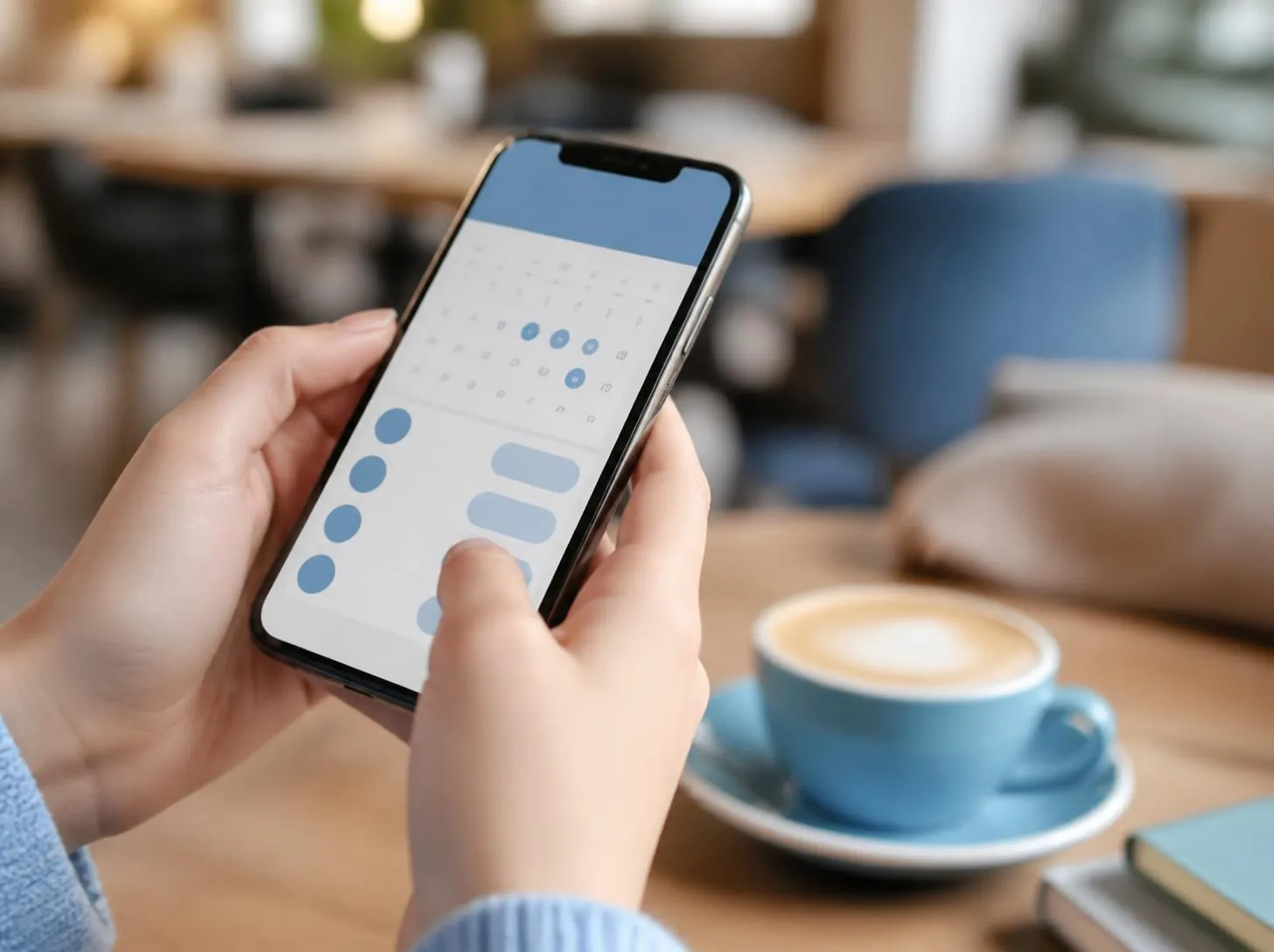 Kundin bucht im Café über das Smartphone einen Termin